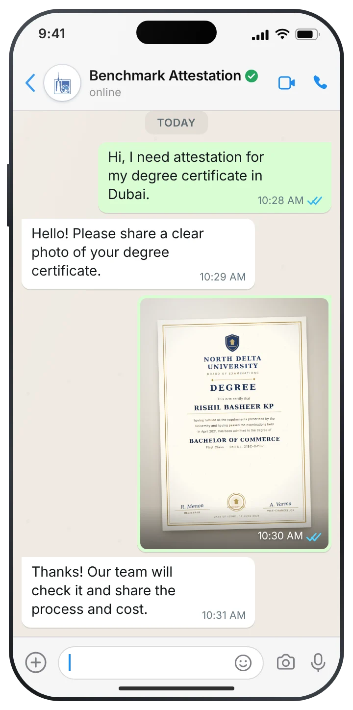 WhatsApp chat with Benchmark Attestation about degree certificate attestation
