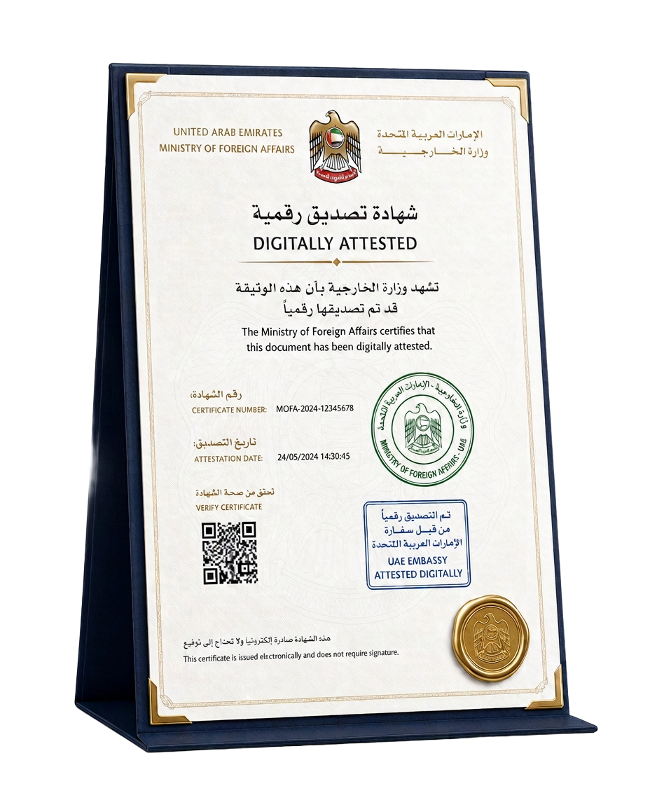 UAE MOFA digitally attested certificate standing on navy folder