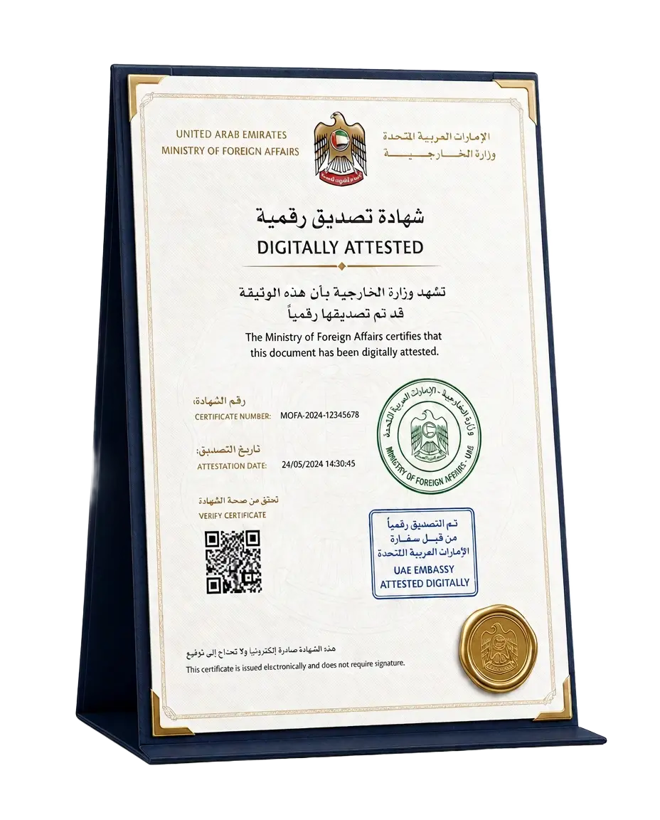 UAE MOFA digitally attested certificate standing on navy folder