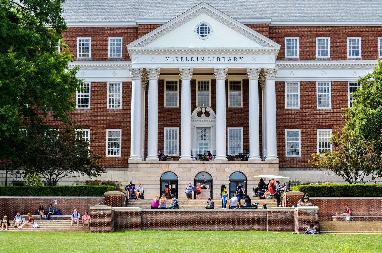 University library building with students